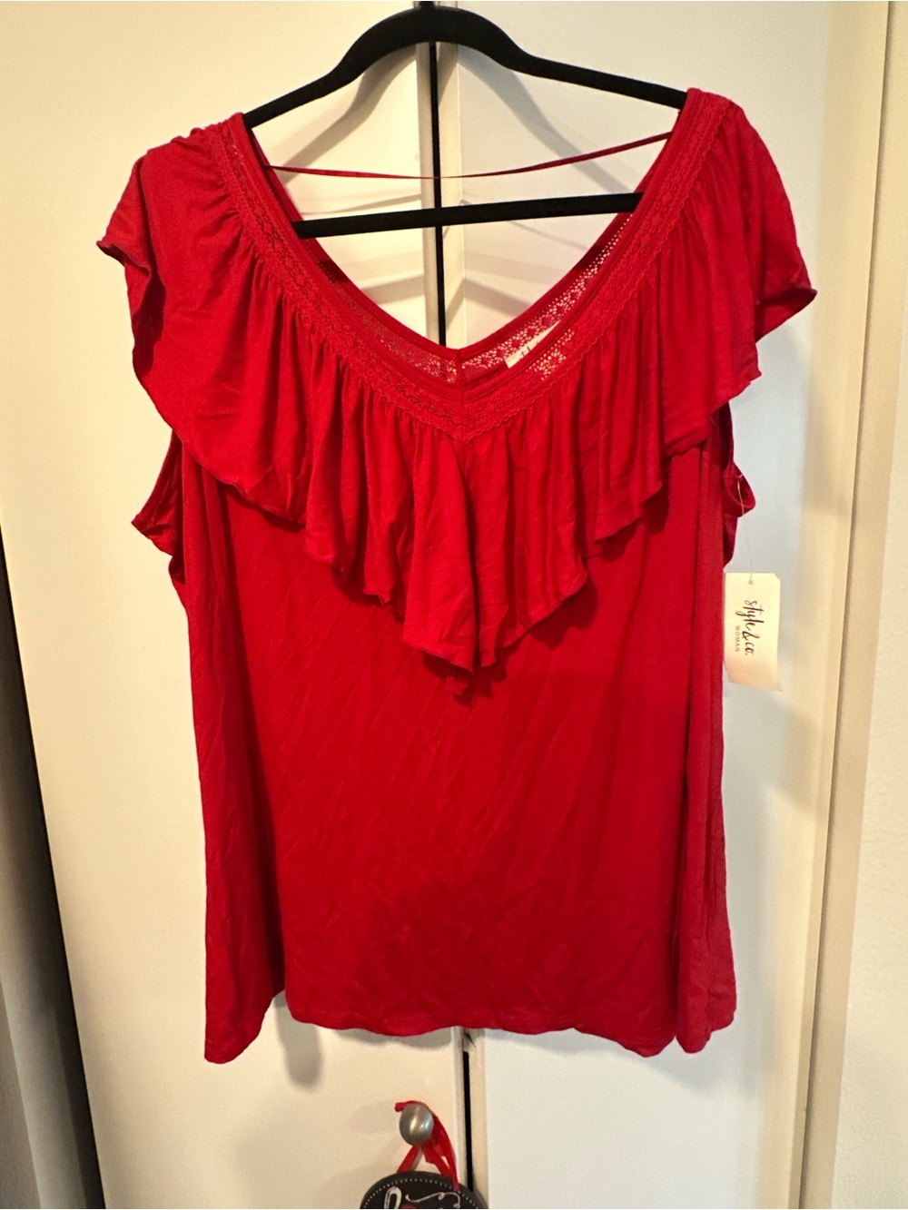 Style & Co NWT 1x Ruffle V-Neck Red Tunic Top - Women's Fashion